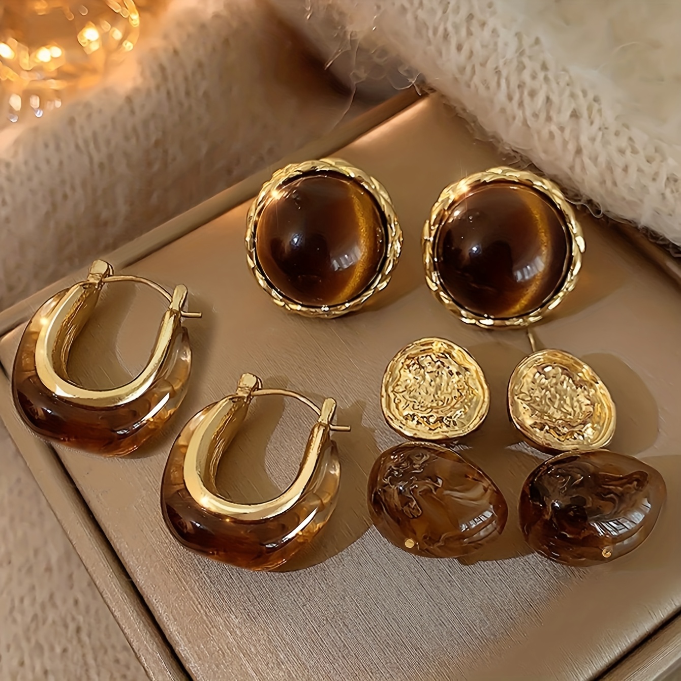 Image of 3 Pairs Of Retro Elegant Soft Brown Resin-inlaid Ladies' Earrings Set, Versatile And Sophisticated, Suitable For Daily Commutes, Gatherings, And Parties, Wearable All Year Round