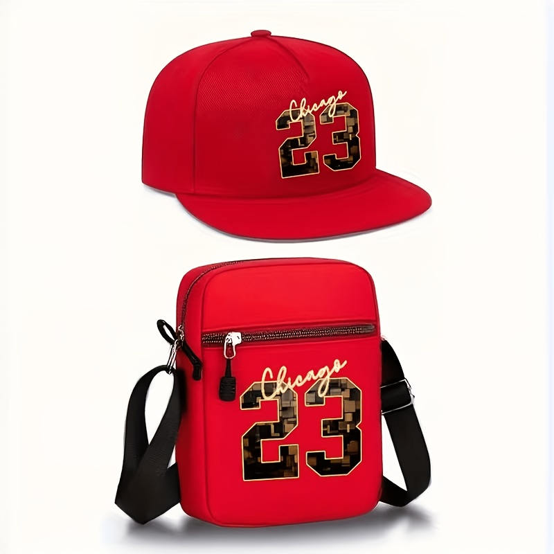 TEMU Chicago Letter 23 Number Flat Brim & Crossbody Bag Set - Adjustable Snapback Hat With Iconic '23', Lightweight Suitable For Streetwear, Sports,
