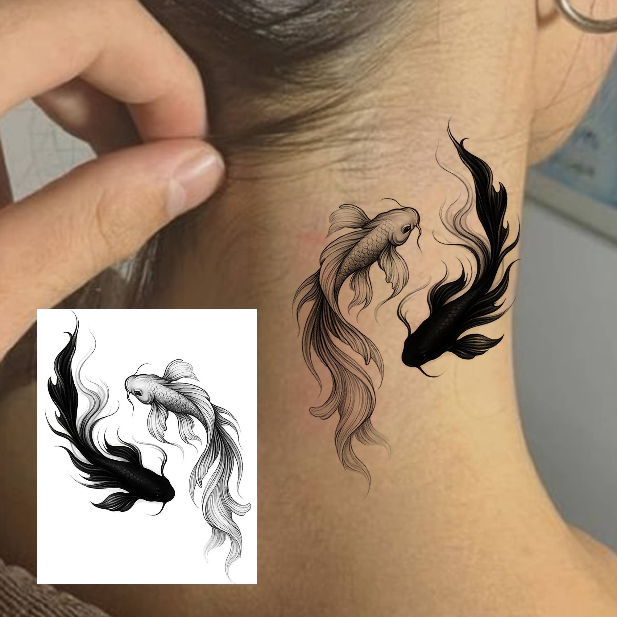 A Temporary Fish Tattoo For Adults, Suitable For Hands, Fingers, Ankles, Waist, Legs, Thighs, Forearms, And Calves. This Waterproof And Long-lasting Fake Tattoo Sticker Looks Realistic