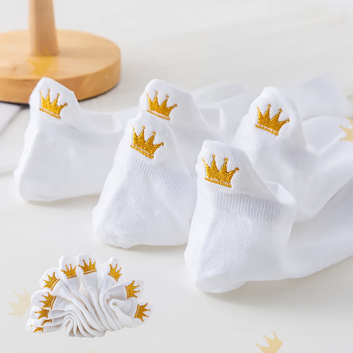 10-pack Thin Breathable Mesh Solid Color Boat Socks With Crown Embroidery, Trendy Spring/summer Versatile Ankle Socks