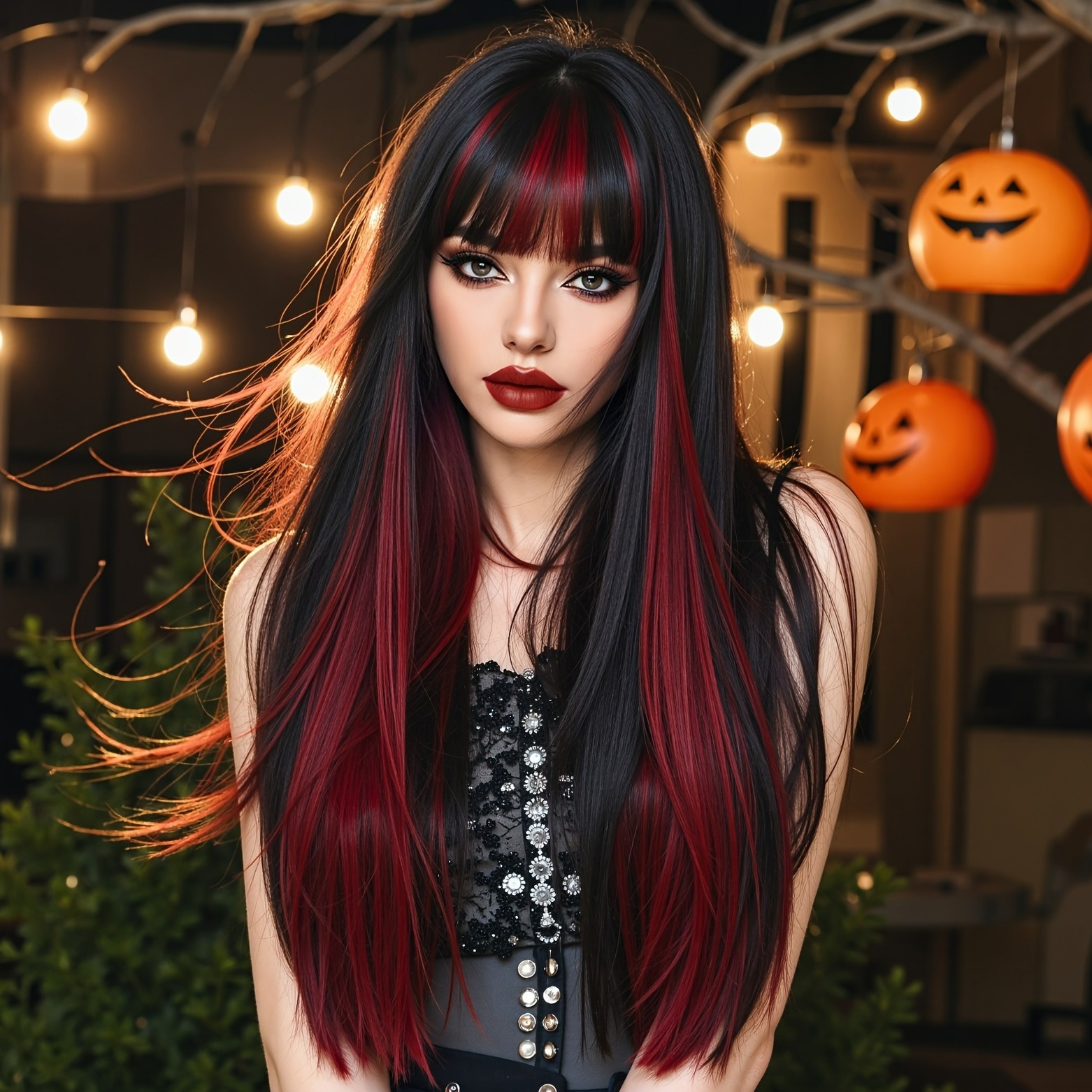 26" Black To Red Ombre Long Straight Wig With Bangs Synthetic | , Carnival & Festival Use, Party & Cosplay, Multi Functional Styling, Soft &, Heat Resistant, Unisex-adult, High Temperature Fiber