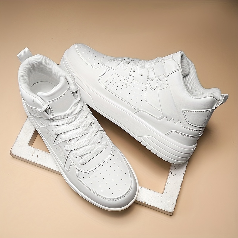 Men's High-Top Lace-Up Sneakers - Durable, Lightweight, Fashionable Casual & Sport Shoes, White, PU Upper, MD Sole, EVA/Fabric Insole, Round Toe, Perfect for Hiking, Running & Casual Attire, Crossover Sneakers | Laceup Closure | Stylish Stitching