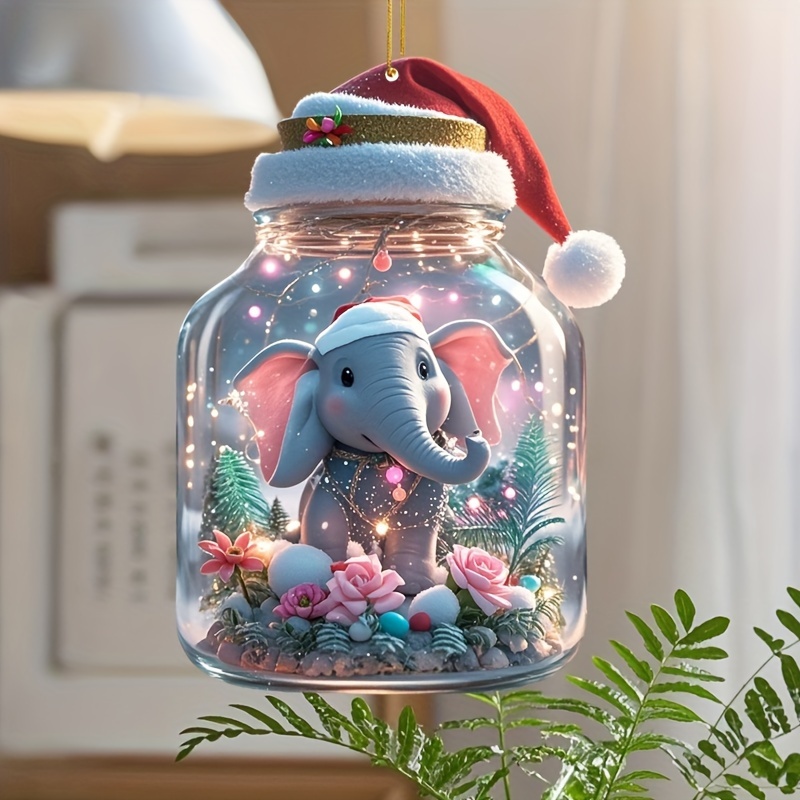 

Christmas Elephant Acrylic Pendant - Festive Holiday Hanging Ornament With Santa Hat, Charming Animal Themed Decoration, Non-electrical Sparkling Finial For Tree, Car Keys, Bags, And Interior Decor