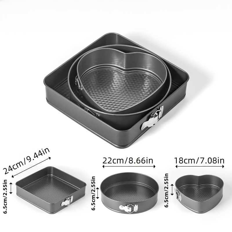 3pcs Square & Round Heart Multi-Size Carbon Steel Removable Bottom Cake Molds, High-Temperature Resistant and Easy to Clean. Suitable for Home Use, and for Holidays Such as Halloween, Christmas, and Valentine's Day