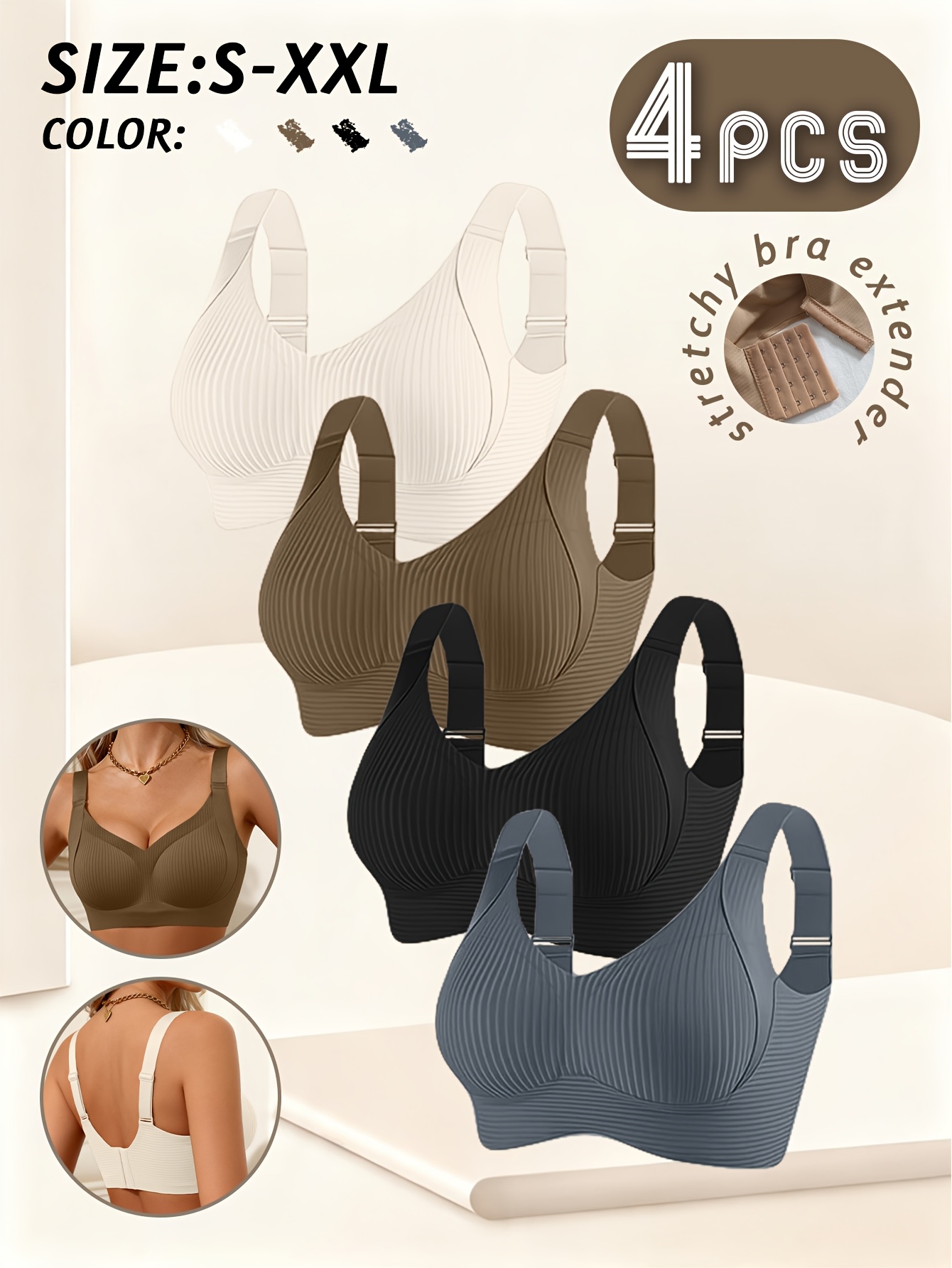 Women's 4pc Wire-Free Bralette Set, Full-Coverage Push-Up