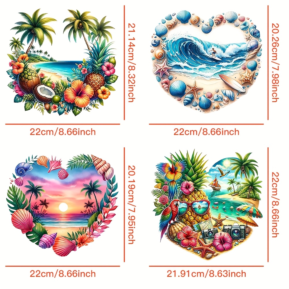 TEMU Juego de 4 Parches para Planchar - Tema de Playa con Vibrantes Palmeras, y Patrones de Frutas , Ideal para Ropa DIY, Camisetas, Mochilas -