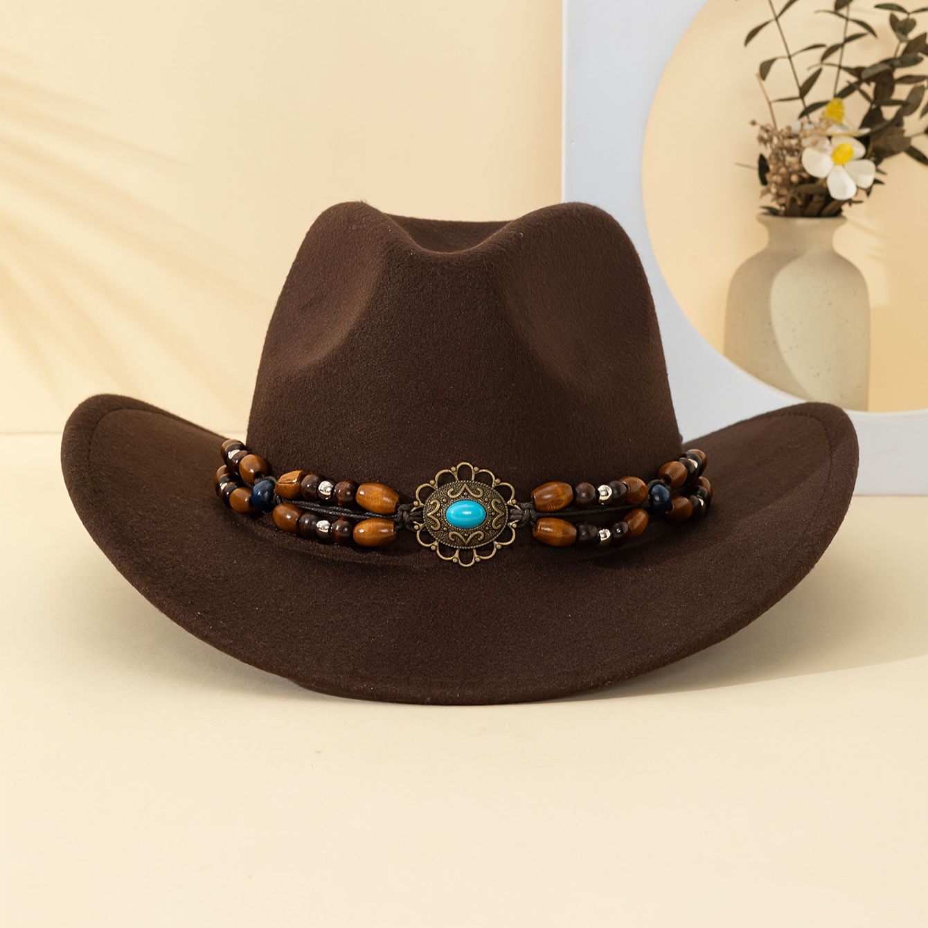 turquoise gemstone beaded felt hat brim made nylon material  display picture 1