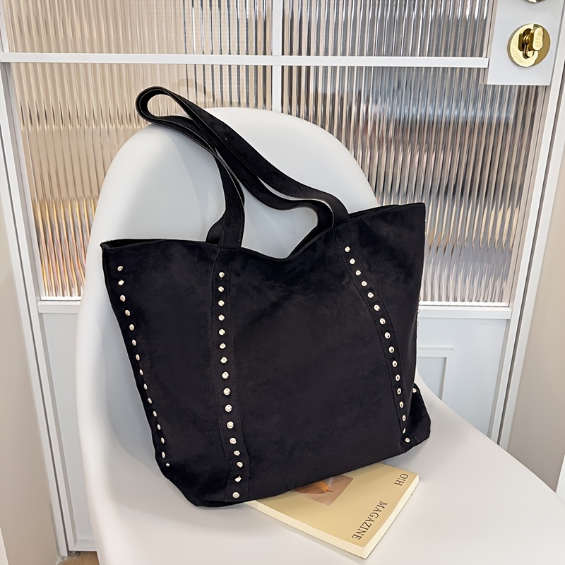 TEMU 1pc Mufy Women's Vintage Suede Tote Bag With Rivet Decoration - Large Capacity Crossbody/handbag, Zipper Closure Suitable For Commuting,