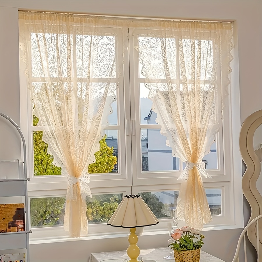 TEMU 2pcs Beaded Lace Short Curtains, Kitchen Small Window Filter Curtains, Coffee Shop Romantic Bar Pocket Curtains, Bedroom Living Room Cabinets,