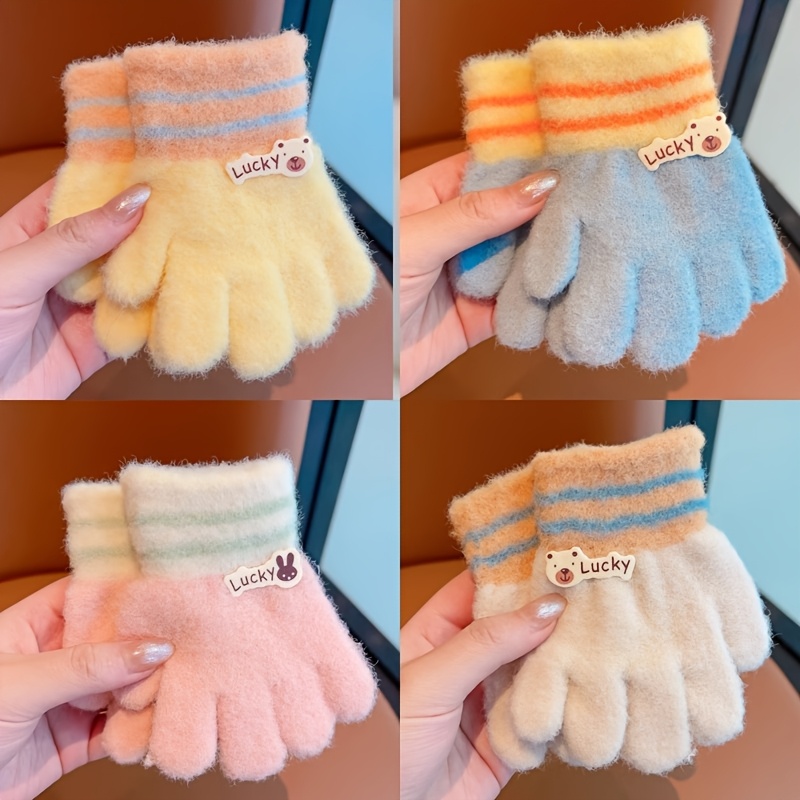 

' Cute Bear Knit Gloves, Warm Polyester Split-finger Winter Gloves For , Hand Washable -