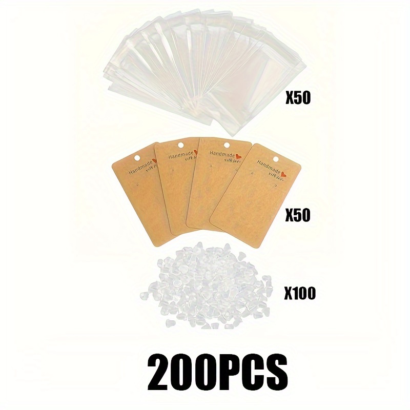 E-shop 200-teiliges Schmuck-Bastelset mit Kraftpapier-Ohrkarten, Plastiktüten und Gummi-Ohrsteckern - Handgefertigt mit Display-Tags - Blanko