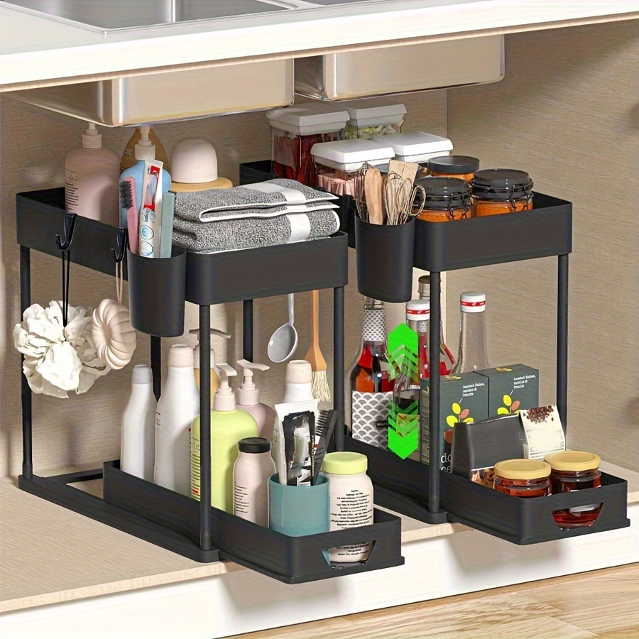 

1pc Multipurpose 2-tier Under Sink Organizer With Free Hooks And Tray, Bathroom Storage Shelf, Adjustable Sink Caddy For Kitchen Spices Home Essentials Accessory Organizer