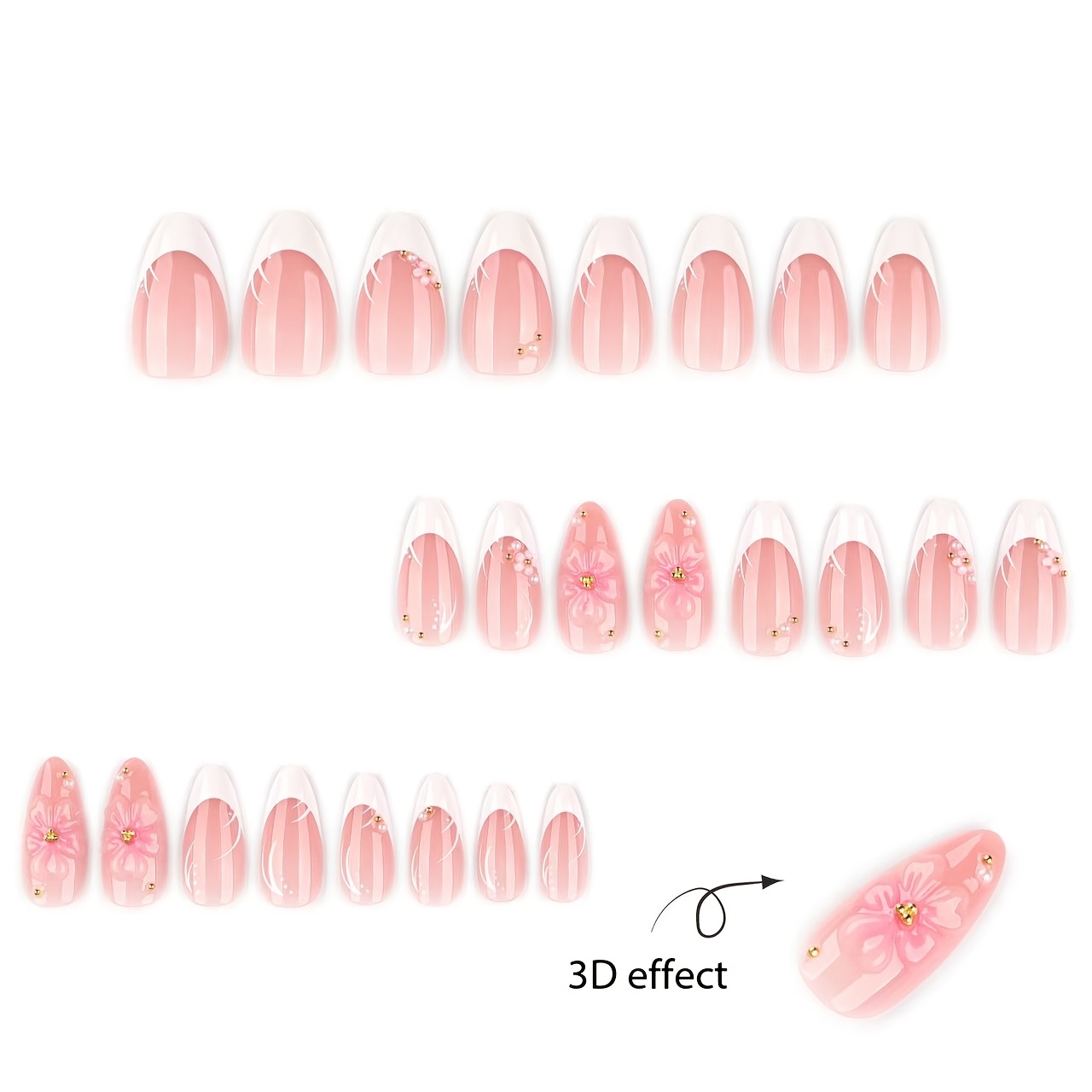 TEMU 24pcs Faux Ongles Art d'Ongles Portables Fleur 3D Tendance Été Nail Tips