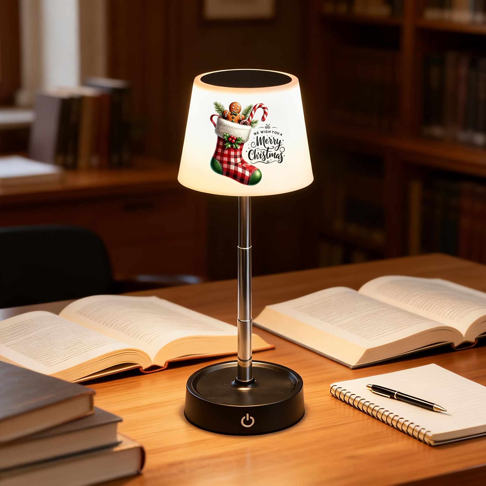 Red Plaid Christmas Stocking Gingerbread Man Print Office Lamp, Adjustable & Rechargeable