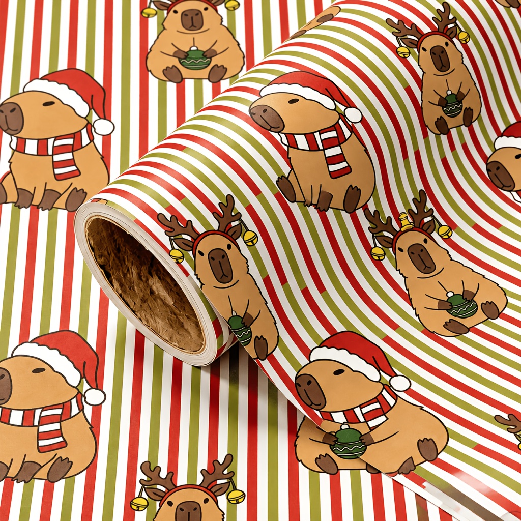 TEMU 1 Rolle Gestreiftes Weihnachtsdeko Geschenkpapierrolle 43cm x 300cm (17x118 Zoll), Cartoon Capybara mit Weihnachtsmannhut & Rentierhorn Druck