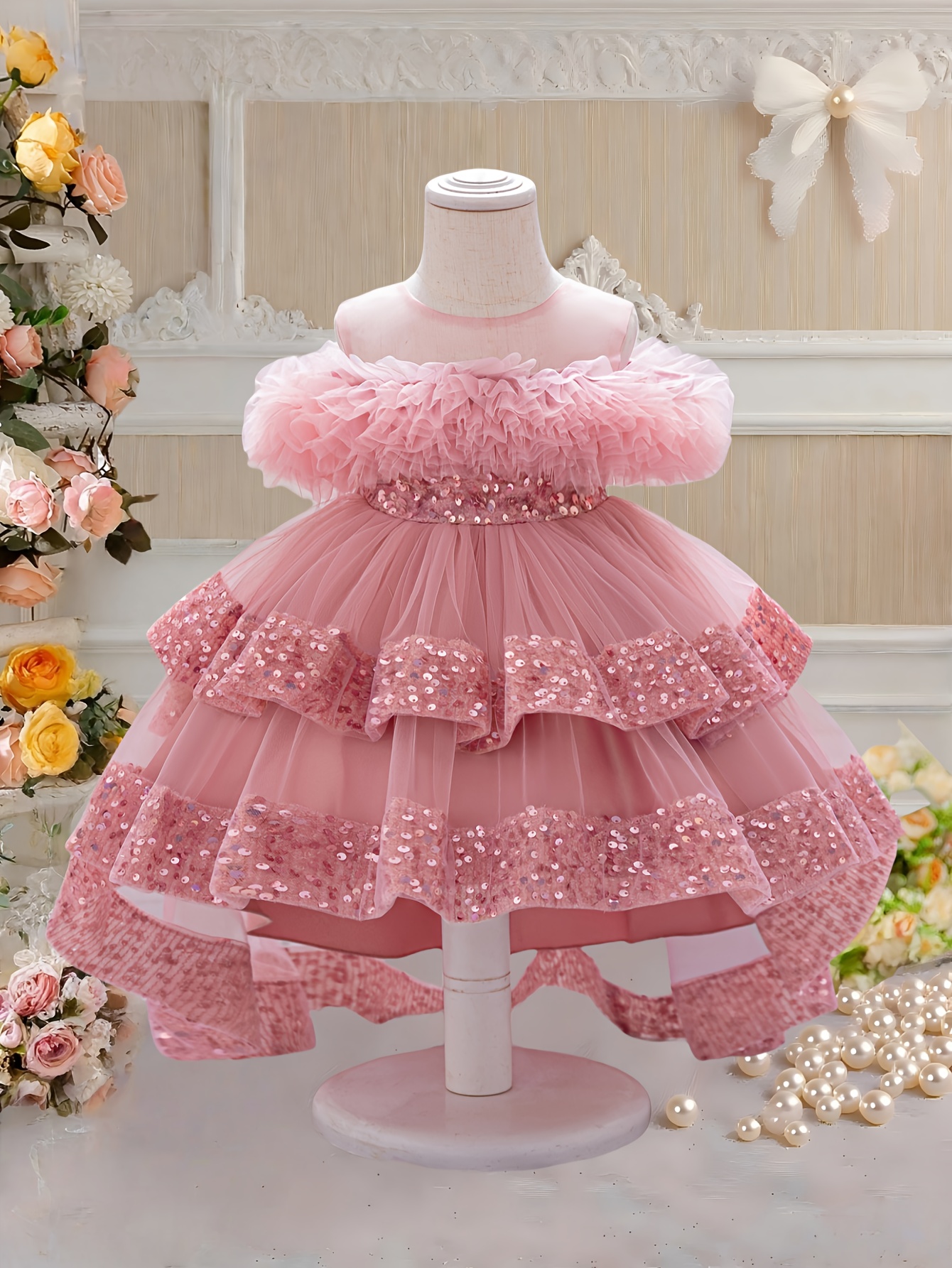 measuring front skirt girls pink sequin dress with multi layered ruffles and flower fairy Product details 1