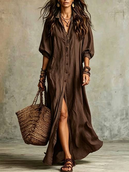 item picture new womens casual solid color long dress elegant and classy lapel front slit button bohemian style shirt dress
