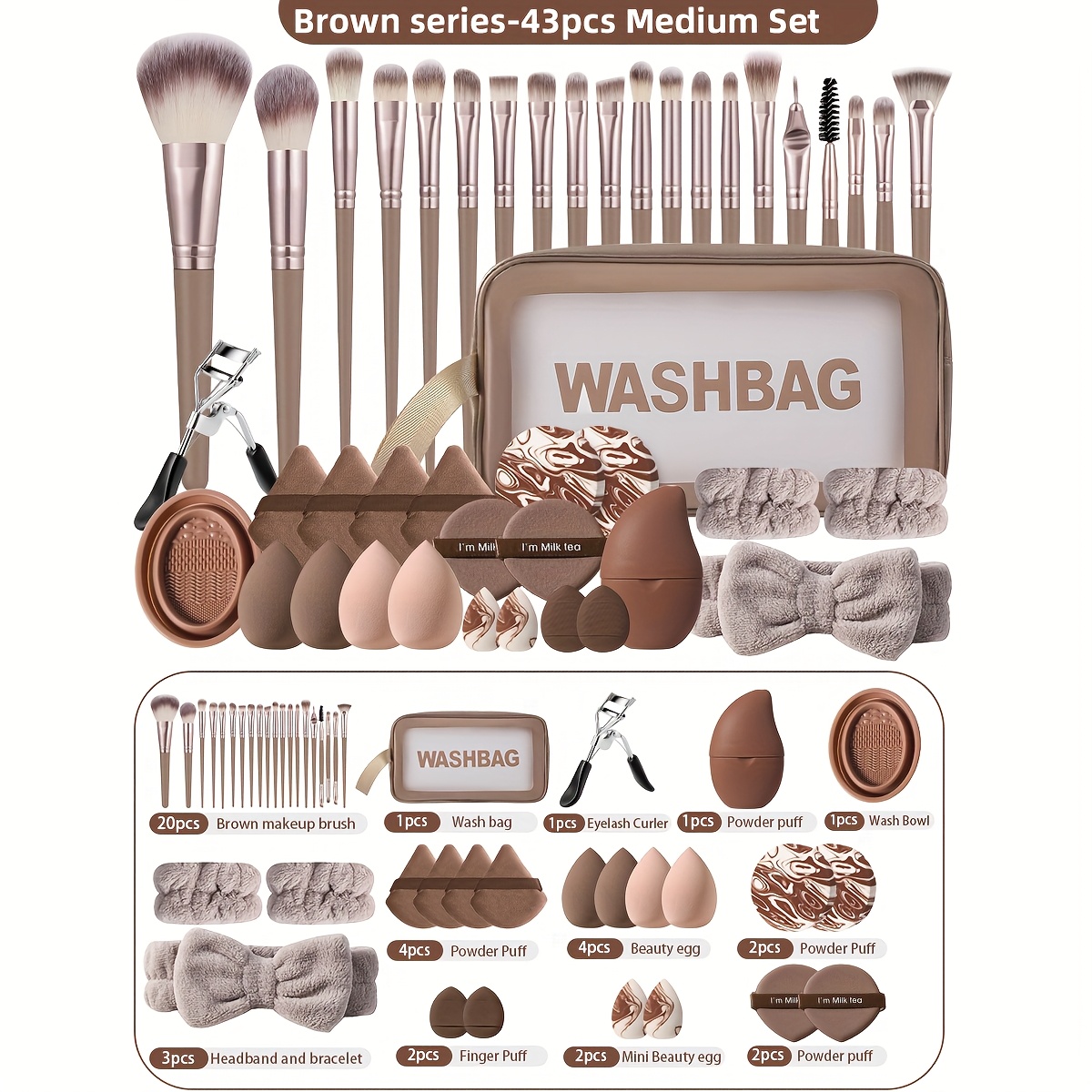 The Makeup Tool Set Includes: 1 Multifunctional Waterproof Toiletry And Makeup Bag + 20 Makeup Brushes + 4 Beauty Sponges + 2 Mini Beauty Sponges + 4 Triangular Sponges + 2 Small Cushion Sponges + 1 Headband + 2 Hand Bowls + 1 Makeup Brush Cleaner + 1 Eyelash Curler + 1 Facial Ice Pack + 2 Cushion Sponges + 2 Round Dual-Color Non-Latex Sponges.