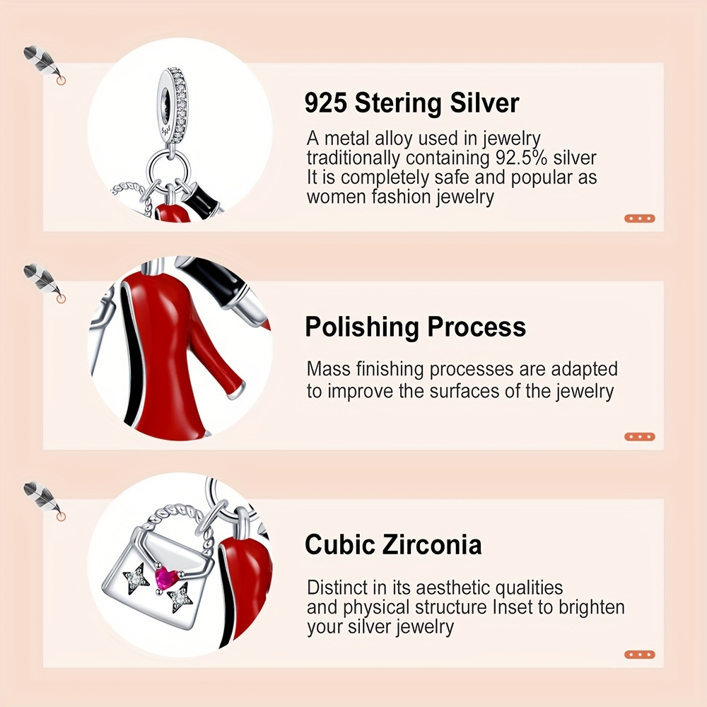 925 Silver Women Handbag Heels Lipstick Charm Pendant