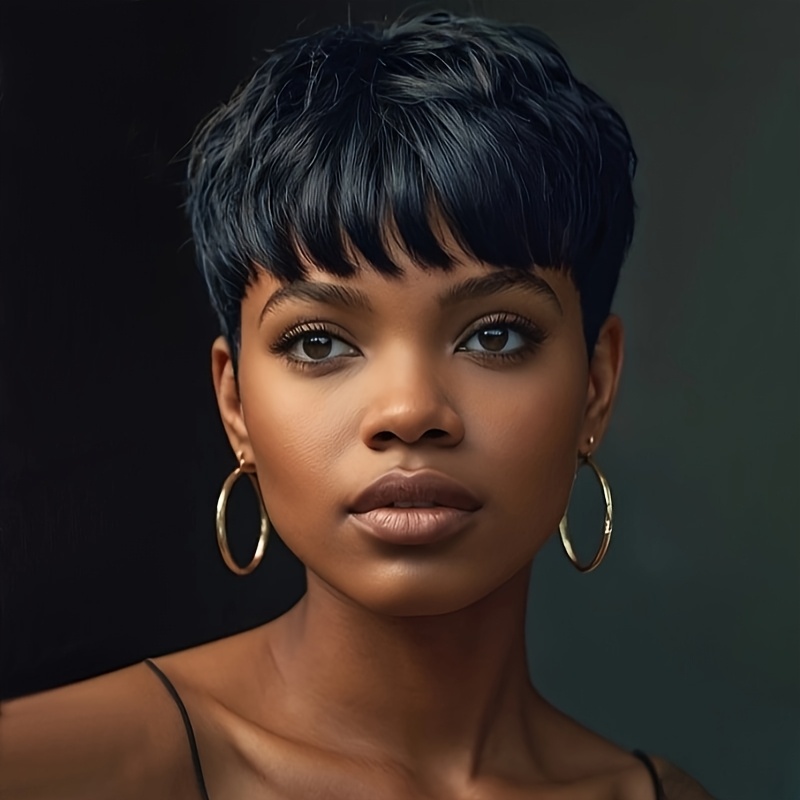 TEMU Elegant Short Cut Wig With Bangs - Synthetic Body Wave Black Hair For Women, 120% Density, , , Short Hair Wig