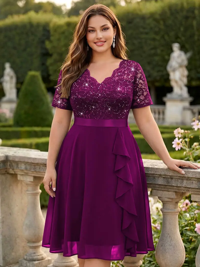 Plus Size - Plus Size - New Popular Elegant Sequin Lace V-Neck Chiffon Ruffle Trim Evening Party Swing Dress, Wedding Guest Dress, Summer Dress, for ... Plus Size - Plus Size - New Popular Elegant Sequin Lace V-Neck Chiffon Ruffle Trim Evening Party Swing Dress, Wedding Guest Dress, Summer Dress, for ...