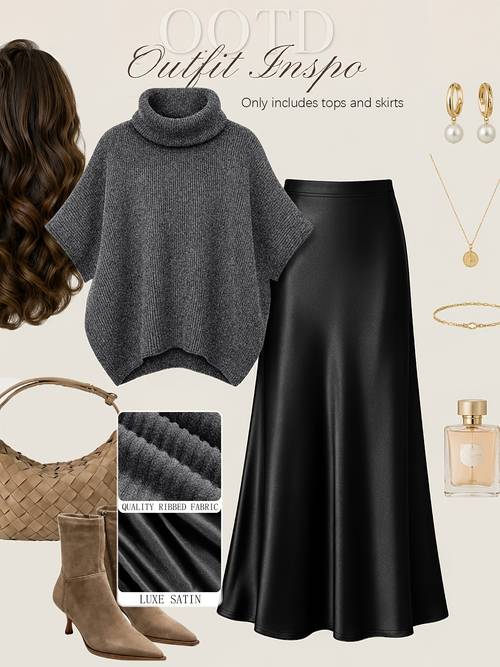 immagine dell'articolo completo due pezzi inverno stile : a turtleneck e mantella, e gonna a a di pesce in raso premium, elegante e temperato per il tragitto lavorativo