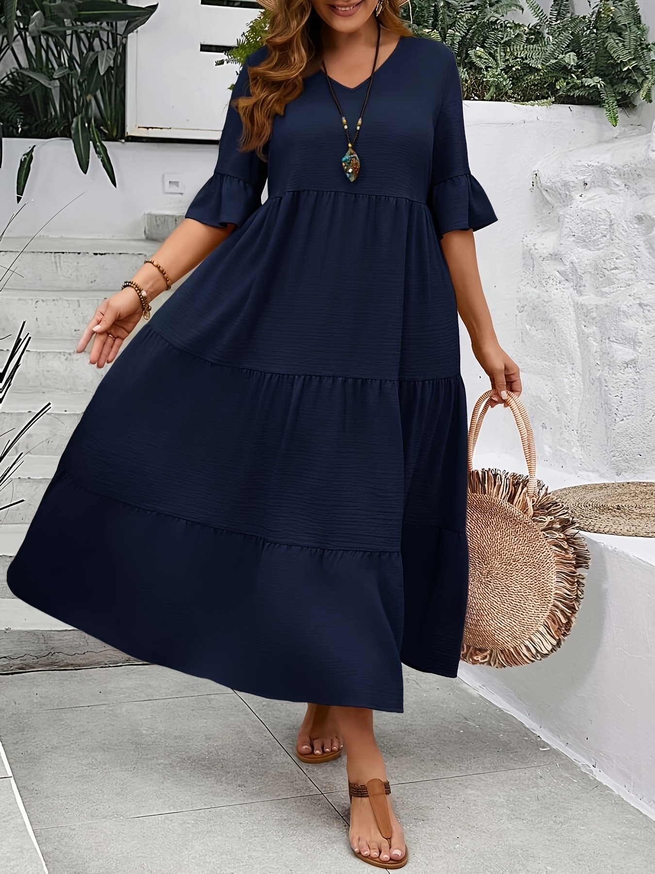 plus size plus size dames diepe v hals mouw maxi jurk Temu Belgium