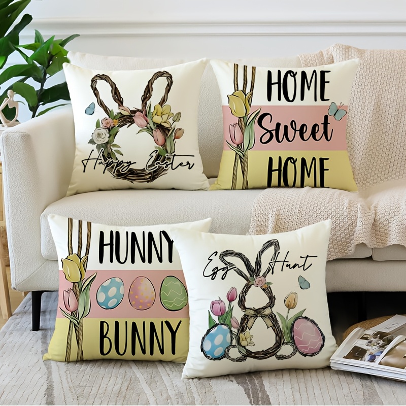 

4-pack Easter Bunny & Floral Country-rustic Style Throw Pillow Covers, 18x18 Inch, Machine Washable Polyester Decorative Cushion Cases With Zipper Closure For Home & Bedroom Sofa Decor