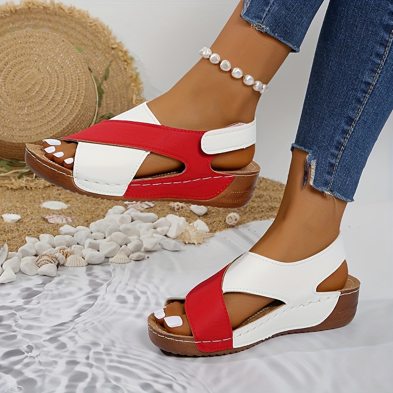 Women's Two-Tone Wedge Sandals - Open Toe, Chunky Heel, Faux Cover with Metallic Buckle Strap, Perfect for Beach, Party & Casual Outings, Beachwear Shoes | Durable Tpr Sole, Ladies Sandals