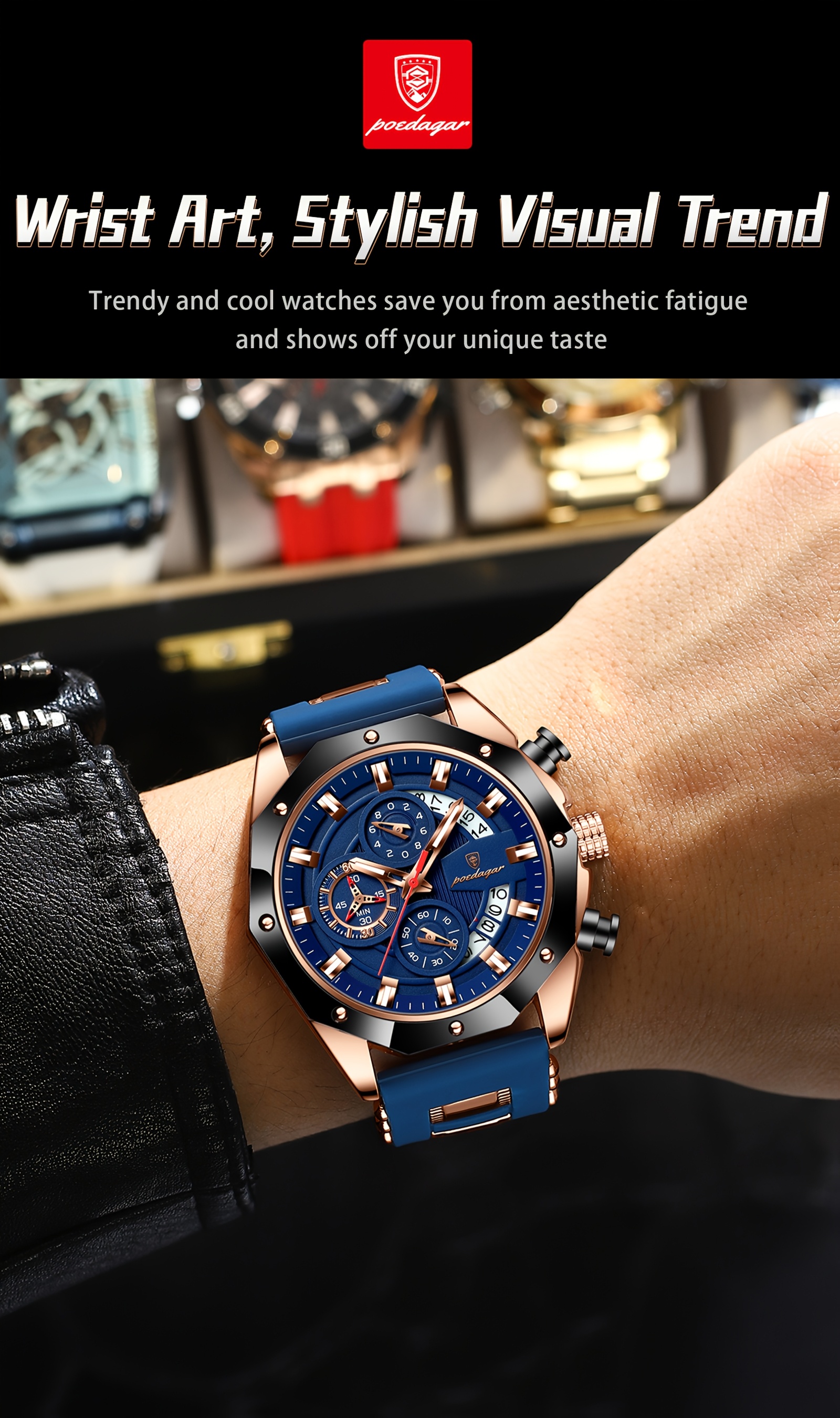mens stylish blue   watch with date display waterproof nightlight silicone strap elegant business watch for teenagers and adults casual accessory stylish watch silicone strap watch details 1