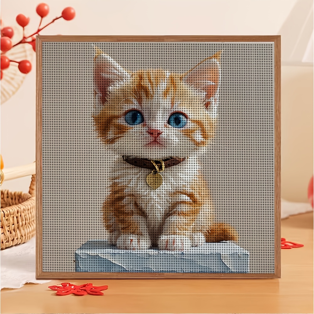 DIY Cross-Stitch Printed Kit, Blue-Eyed Orange and White Kitten Pattern