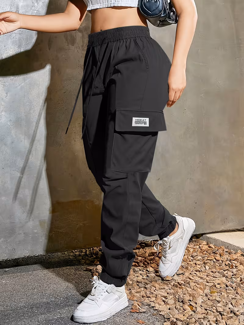 womens fashion casual trendy solid color drawstring waist cargo pants with large pockets suitable for sports streetwear and casual attire Product details 3