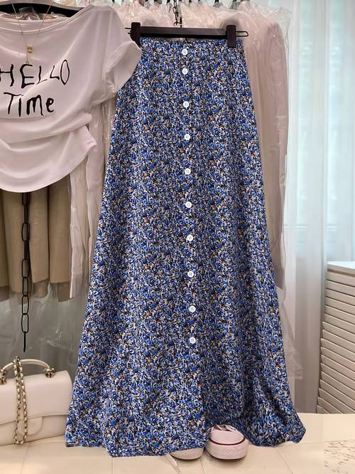 fresh small floral print versatile relaxed style high waisted button front skirt
