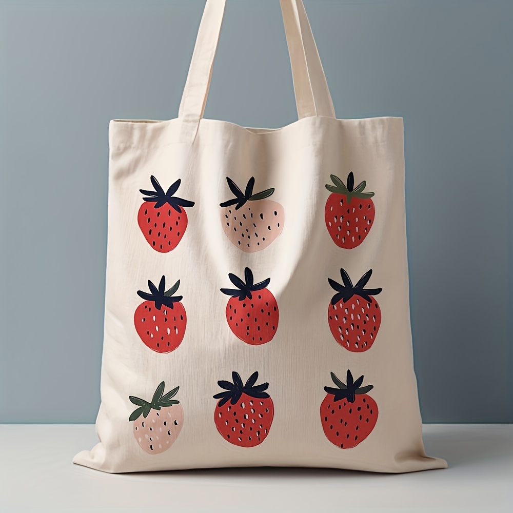 Image of Strawberry Print Canvas Tote Bag - Leak-proof Design, Reusable Shopping Bag, Durable Polyester Canvas Shoulder Bag, Suitable For Beach, Shopping, Easter, And Graduation Gifts, Pattern, Sturdy Handles