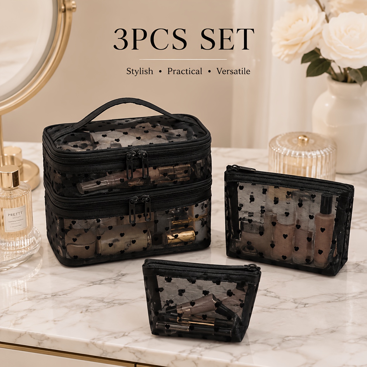 TEMU Ensemble de 3 sacs à Cosmétique en cœur noir, multi-tailles, double couche, grand organisateur de cosmétiques, sac de rangement de toilette