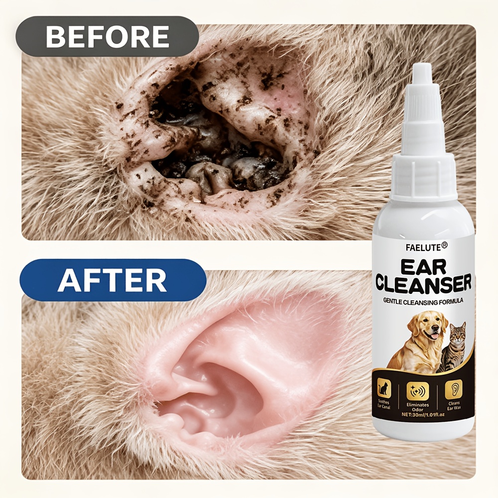 Faelute Ear Wax Cleaner - For All Breeds Dogs Cats, Dissolves Ear Wax, Removes Odors, Non-irritating Gentle Formula
