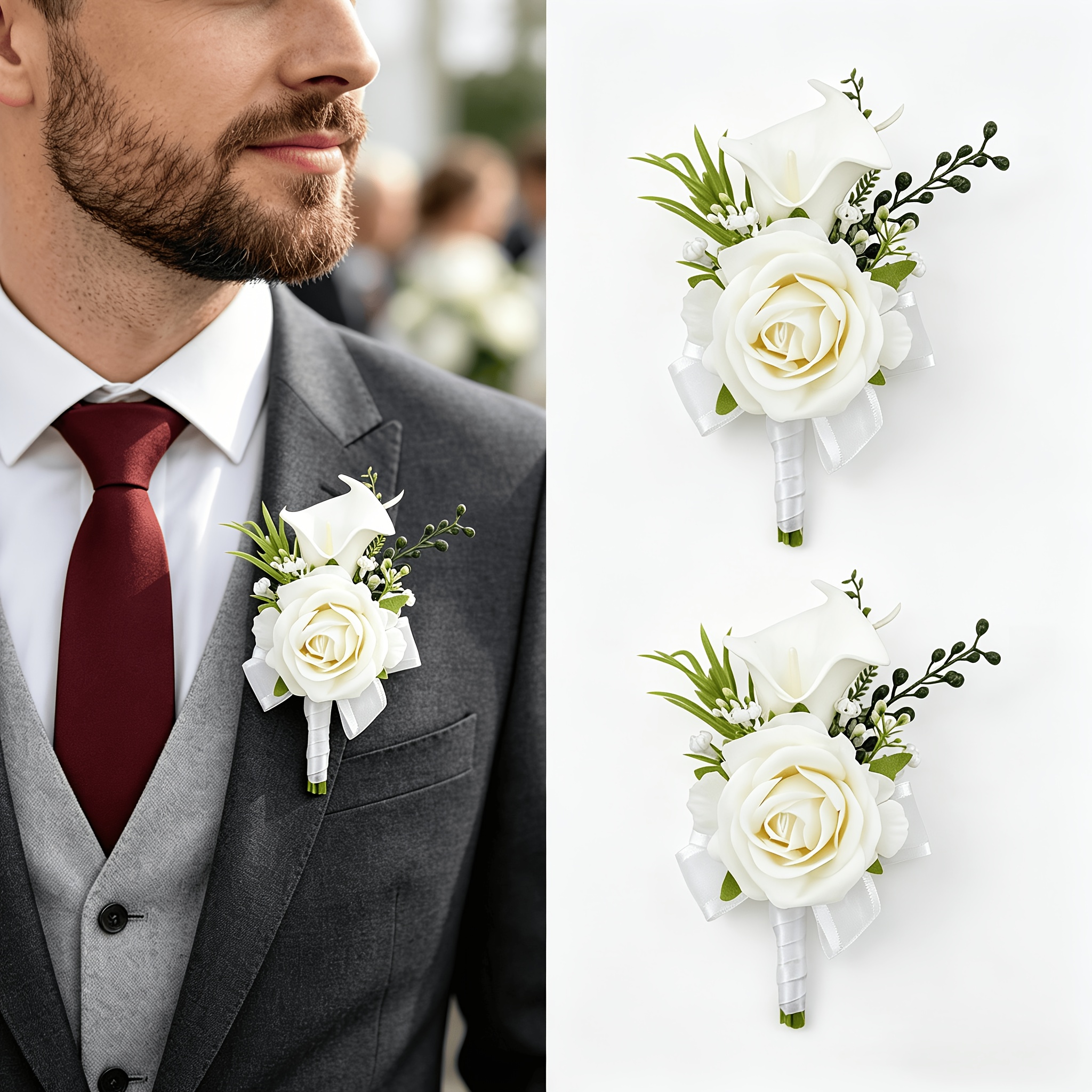 TEMU 2pcs Rose Boutonniere For Men, Artificial Calla Lily Wedding Corsage For Groom Groomsmen, Prom Homecoming Party