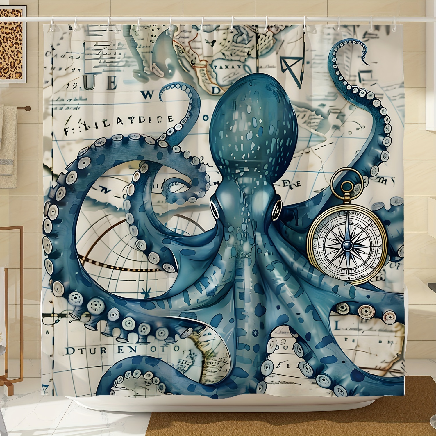 

Octopus Nautical Shower Curtain With Compass Design - Polyester, Water-resistant, Machine Washable, Includes 12 Hooks, Animal Print, Unlined, Woven Weave, Ocean Themed Bathroom Decor - 71x71 Inches