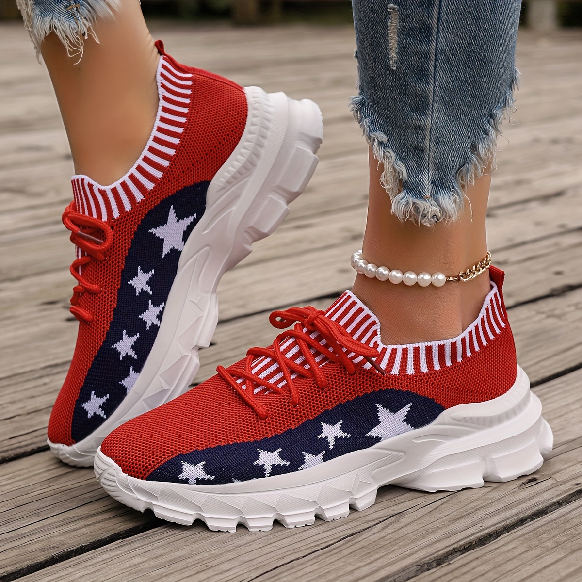 

Women's Casual Lace Up Sneakers, Breathable Mesh Running Shoes With Comfortable Sole, Casual Athletic Footwear For Outdoor Activities, Independence Day