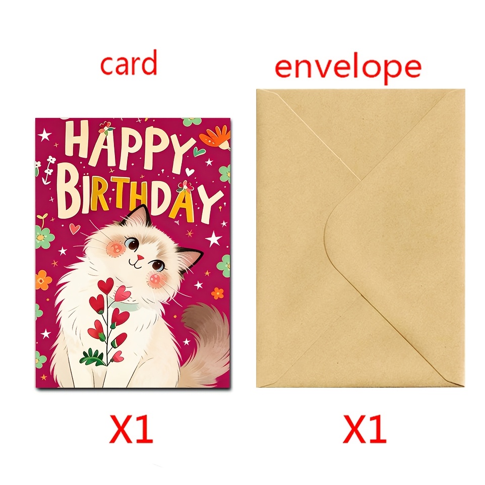 A Birthday Card Featuring A Fun Cartoon White Cat With An Envelope, Showcasing A Red-themed Dancing White Kitten Leaping Flowers - A Vibrant And Colorful Design With The Words 'happy Birthday'