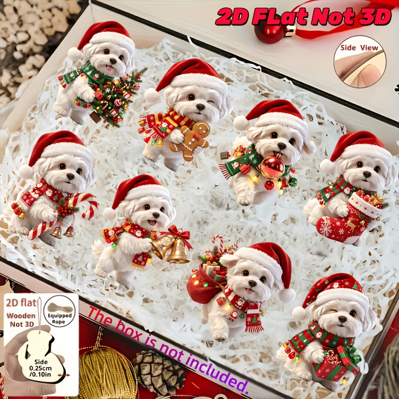 TEMU 2d Flat, 8pcs Cute And Maltese Dog Wooden Ornaments, New Year Decorations And Christmas Hanging Ornaments, Seasonal Home Decor, Handicrafts,