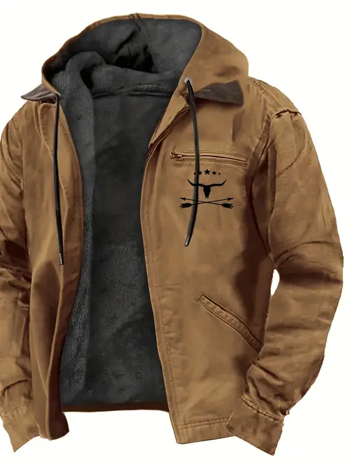 1pc vintage western denim hoodie for men full zip hooded jacket with animal streetwear polyester long sleeve regular fit non woven fabric heat transfer printing daily outdoor wear