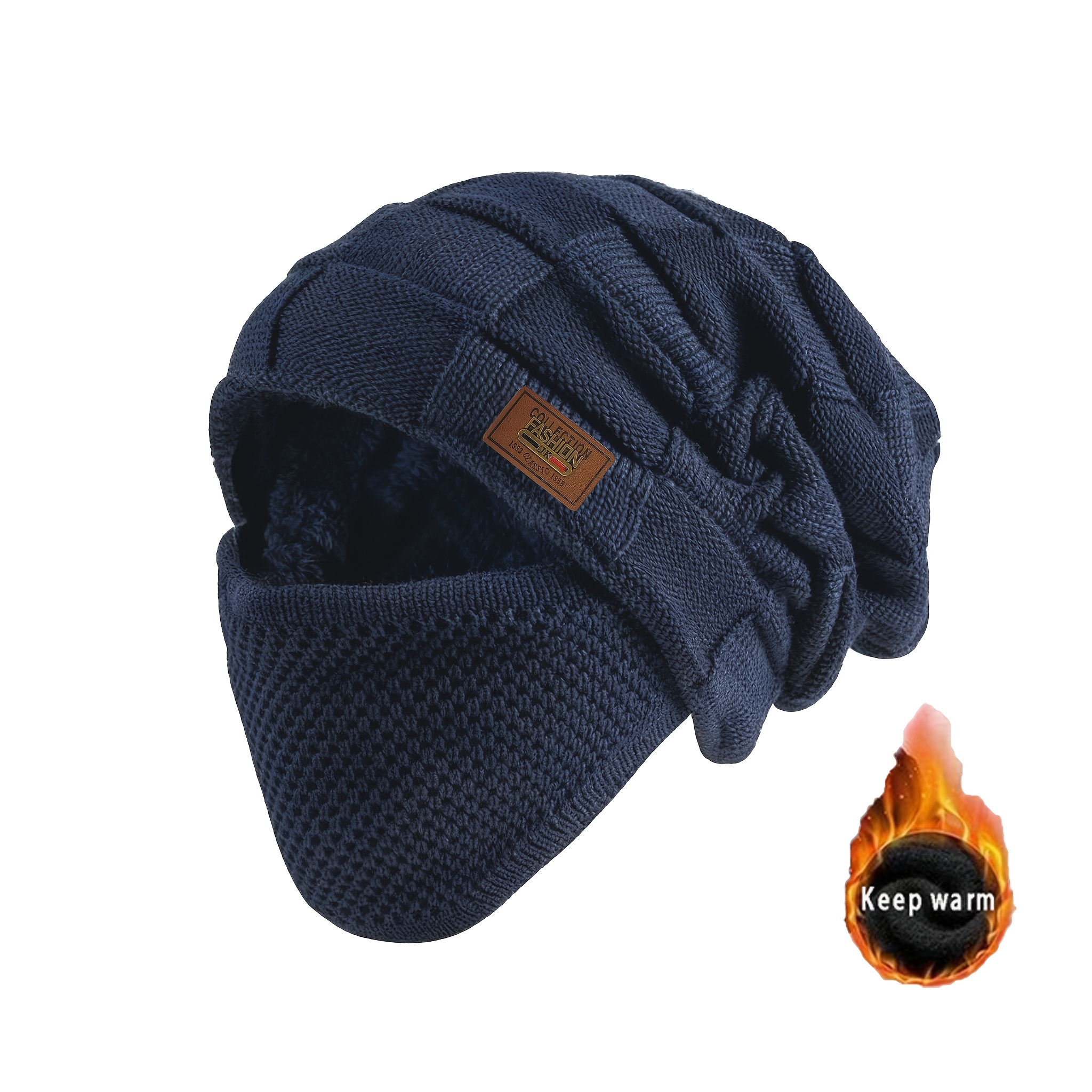2pcs Set, Men's New Autumn/winter Cold Weather Hat And Mask Set, Large Head -lined Warm Knitted Skull Cap For Cold Protection