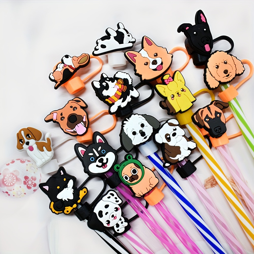 

19-piece Cute Dog Straw Toppers Set - Reusable Drinking Straw Covers For Parties & Picnics, Food-grade Plastic
