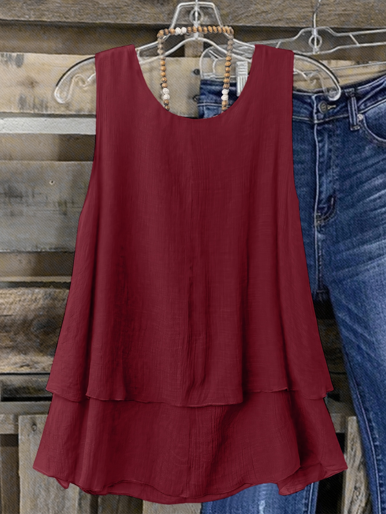 Women's Plus Size Sleeveless Elegant Top - Lightweight Breathable Blue Round Neck Vest, Machine Washable Spring Summer Casual Wear, Elegant Special Line Collection, Sophisticated Design, Textured Fabric