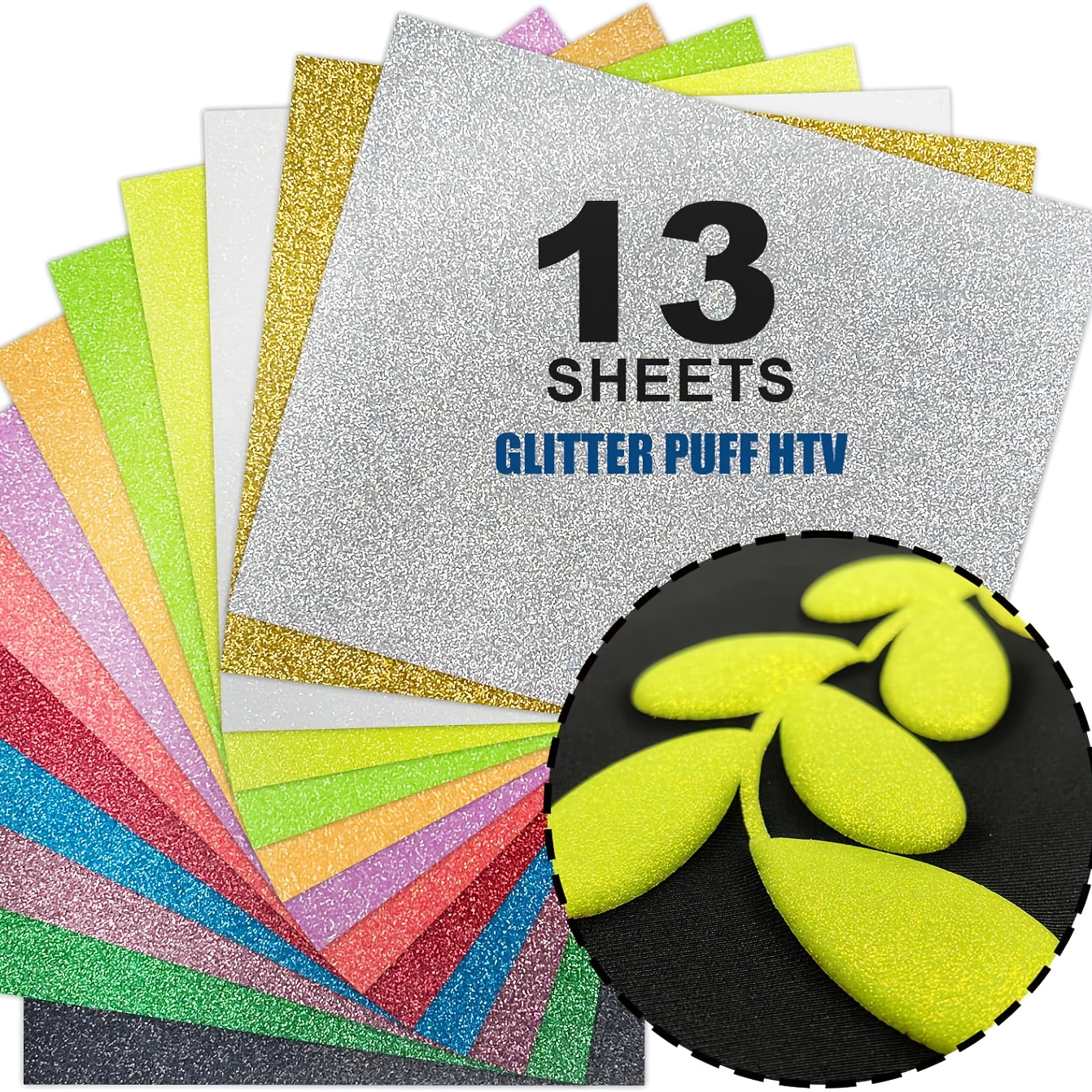 Image of 12x10 Inch 13pcs Glitter Puff Vinyl Heat Transfer, Mix, Puff Vinyl Heat Transfer For T-shirts Sweatshirts Hats 3d Texture Puff Vinyl, Ideal For Craft Projects, Easy-to-use Puff Heat Transfer Vinyl
