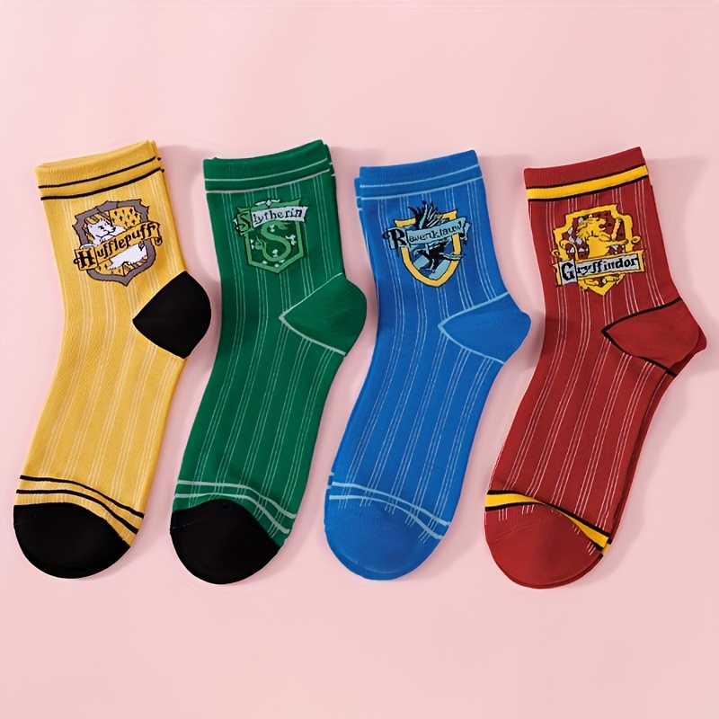 TEMU 1/4 Pairs Unisex Warner Licensed Harry Potter Hogwarts House Socks, Pattern Preppy College Style, Sweat-wicking Breathable, Ideal For Students,