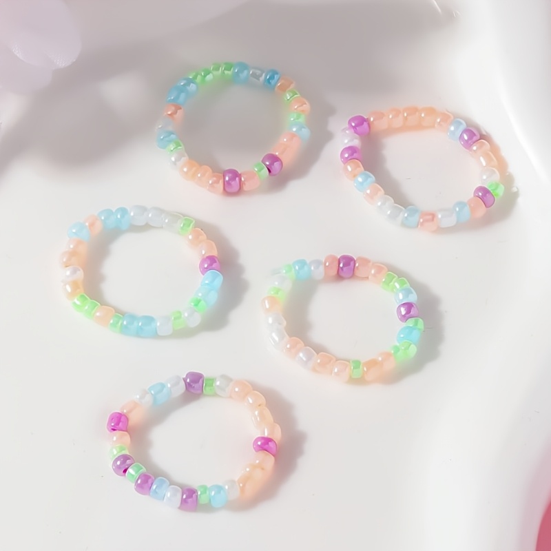 5pcs Pastel Macaron & Bead Ring Set, Cute Elastic Design