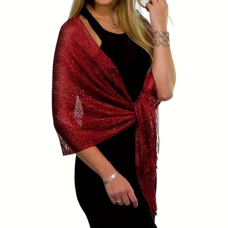 

Elegant Sparkling Metallic Shawl, Solid Color Thin Breathable Tassel Scarf, Dress Shawl For Women