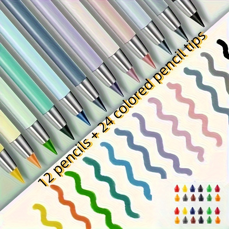 

36 Pièces, 12 Crayons + 24 Embouts de Crayon Coloré, Modèle de Crayons Éternels, Crayons Colorés Interchangeables, Crayons HB, Adaptés Pour Et . Pour Le Dessin!!